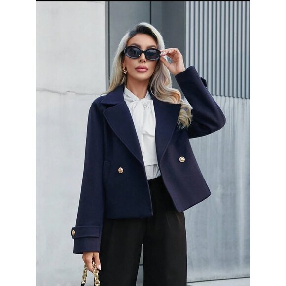 double gold button classic peacoat minimalist preppy pea coat jacket black - Picture 4 of 7